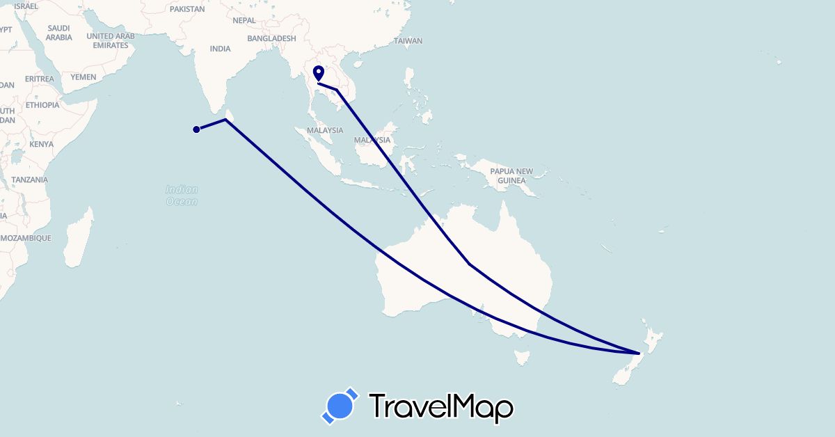 TravelMap itinerary: driving in Australia, Cambodia, Sri Lanka, Maldives, New Zealand, Thailand (Asia, Oceania)